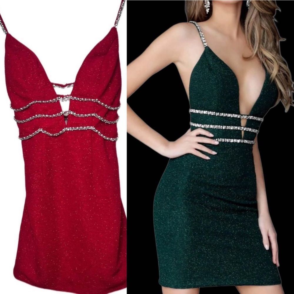 Jovani Crimson red 61628 sparkly plunging cocktail dress crystal rhinestone 4